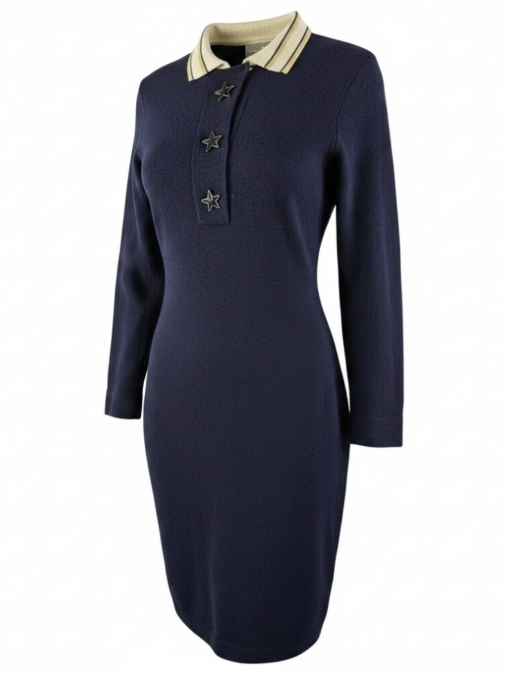 Vintage Liz Claiborne Knit Dress Sz M Navy Blue Collared Gold Star Button Midi